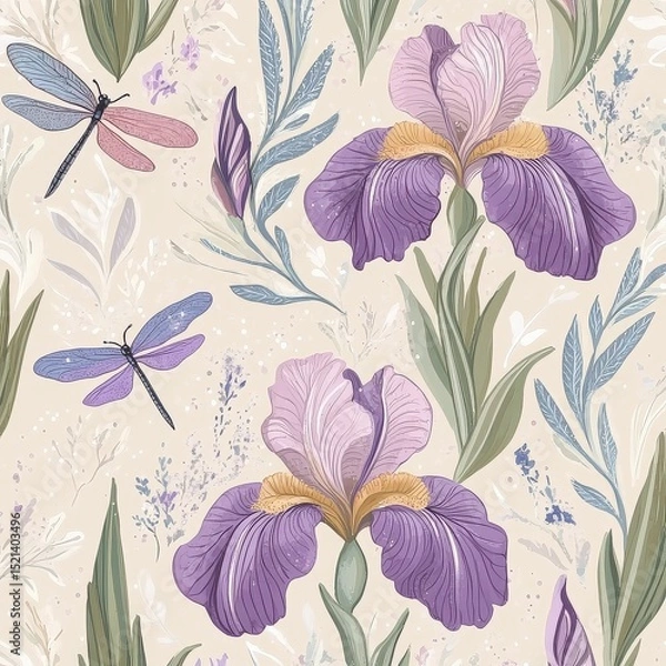 Fototapeta Elegant seamless pattern with the beautiful irises and dragonflies

