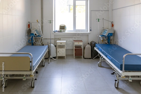 Fototapeta An intensive care ward, for respiratory patients, features two empty beds, oxygen concentrators, a cardiograph, ventilators, and IV stands in a sterile room.