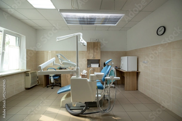 Fototapeta A modern dental clinic room features a blue dental chair, white dental unit with instruments, overhead operating light, and wooden cabinetry in a clean treatment space.