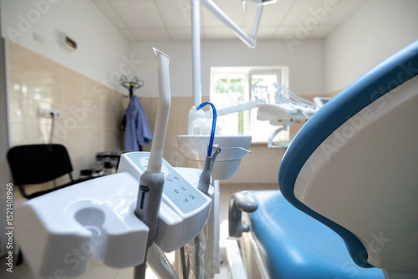 Fototapeta A modern dental clinic features a blue dental chair with associated instruments, including suction and handpieces, in a bright, clean treatment room.