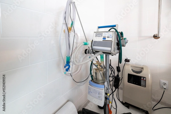 Fototapeta A ventilator, a complex medical apparatus with tubing and controls, stands next alongside a portable oxygen concentrator and to a hospital bed in a clean, tiled room.