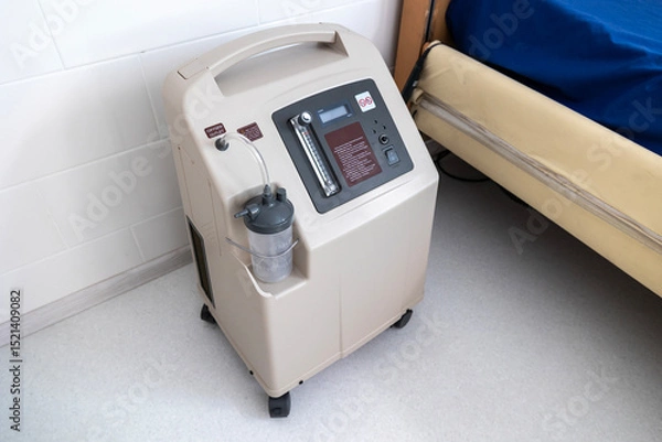 Fototapeta A portable oxygen concentrator stands on a tiled floor next to a hospital bed, showcasing its controls and humidifier bottle in a medical room.