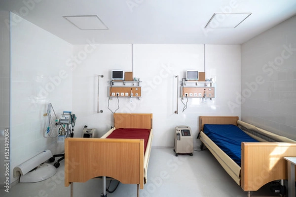 Fototapeta An intensive care ward for respiratory diseases features a red hospital bed, a lung ventilator, an oxygen concentrator, and an oxygen hub panel on a white wall.