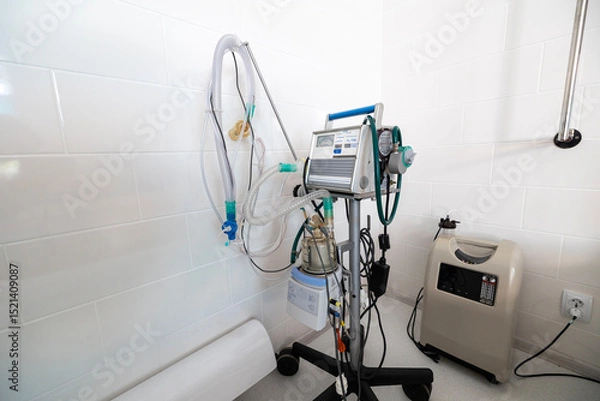 Fototapeta A ventilator, a complex medical apparatus with tubing and controls, stands next alongside a portable oxygen concentrator and to a hospital bed in a clean, tiled room.