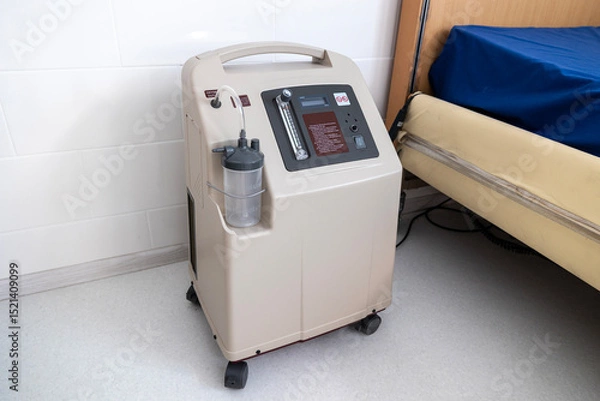 Fototapeta A portable oxygen concentrator stands on a tiled floor next to a hospital bed, showcasing its controls and humidifier bottle in a medical room.