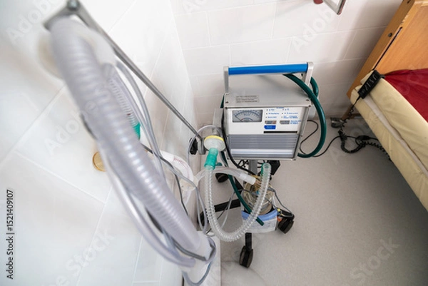 Fototapeta A ventilator, a complex medical apparatus with tubing and controls, stands next to a hospital bed in a clean, tiled room