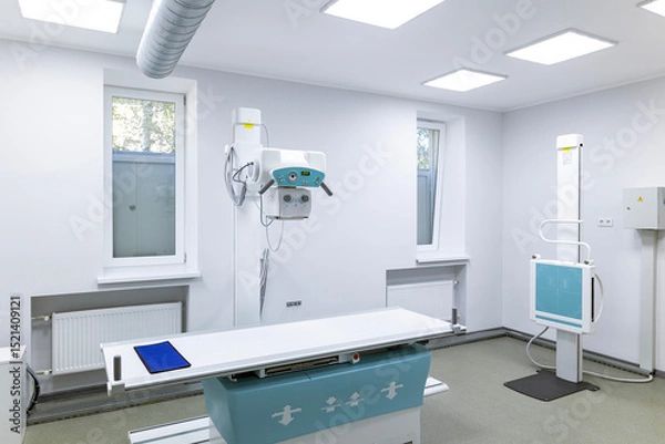 Fototapeta An innovative, multifunctional X-ray diagnostic system, providing high image quality and flexible X-ray examinations, stands in a sterile medical room.