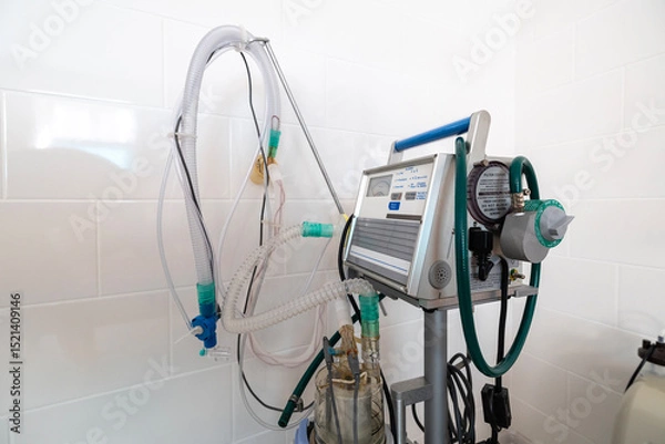 Fototapeta A ventilator, a complex medical apparatus with tubing and controls, stands next to a hospital bed in a clean, tiled room