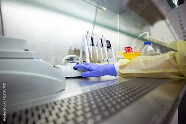 Fototapeta Equipment for DNA/RNA extraction, including pipettes and a shaker, is inside a ventilated safety cabinet in a laboratory