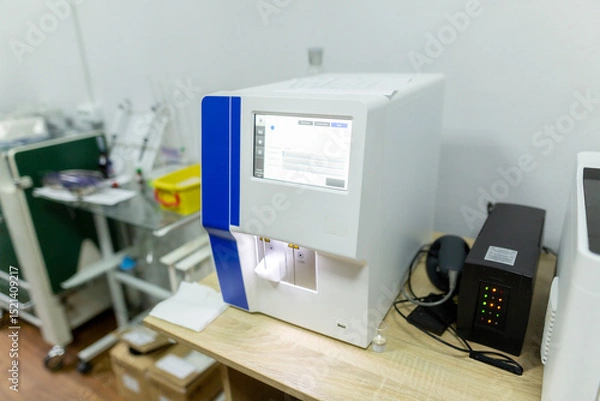 Fototapeta A medical blood analyzer with a digital display showing analysis results and a black uninterruptible power supply sit on a wooden table in a clinic room in a clinic hospital.