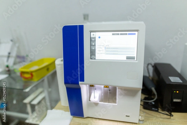 Fototapeta A medical blood analyzer with a digital display showing analysis results and a black uninterruptible power supply sit on a wooden table in a clinic room in a clinic hospital.