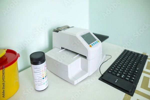 Obraz A white urine analyzer with a display and a black keyboard sits on a white table next to a container of urine test strips.