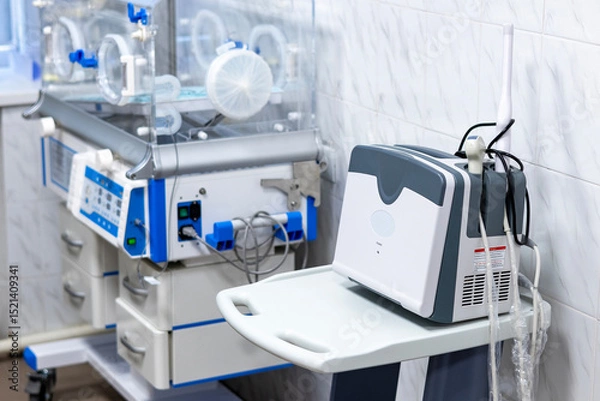Fototapeta A medical room features a transparent infant incubator and a portable ultrasound device on a mobile cart, showcasing advanced healthcare equipment.