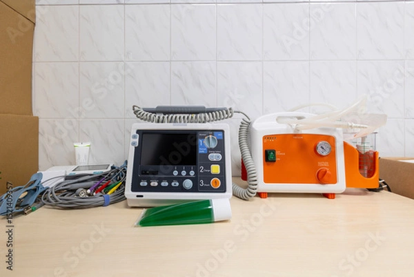 Fototapeta A new, unplugged defibrillator monitor with pacing mode and a portable suction pump sit on a wooden table in a hospital room.