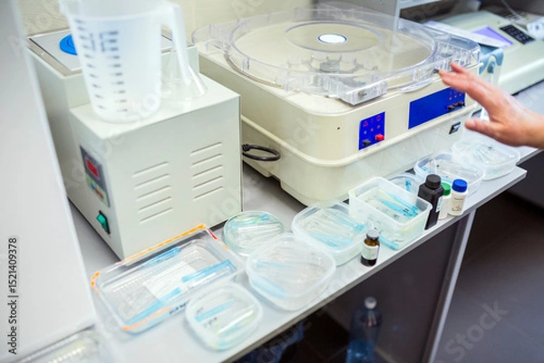 Fototapeta Laboratory equipment including a centrifuge, measuring cup, and various medical supplies like test tubes and vials are arranged on a workbench.