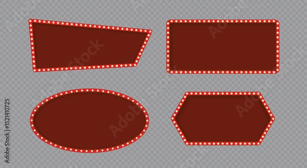 Fototapeta Realistic marquee sign box set isolated on transparent background, light board in retro vintage style for circus, casino, karaoke bar, open mic. Red neon cinema marquuee frame with glow gold lights.