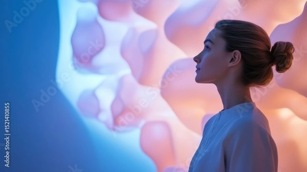 Obraz A visitor interacts with a futuristic biofilm sculpture inside a modern gallery, where glowing crystal textures and organic materials merge to explore sustainability and bio-art innovation