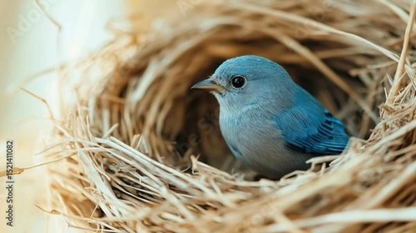 Fototapeta Small blue bird resting in cozy nest