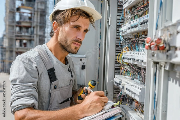 Obraz Worker lays electrical wiring in a new building wires, drill, tools