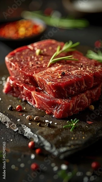 Fototapeta Premium beef steak, bright red meat, intricate marble patterns, cinematic lighting, commercial food photography, macro lens.