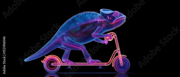 Obraz bioluminescent chameleon riding on neon electric scooter; black background; studio shot style; copy space