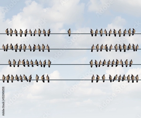 Fototapeta Choosing A group To Join business symbol and independent thinker concept or new leadership concept for individuality as a group of pigeon birds on a wire with one individual bird choosing a tribe.