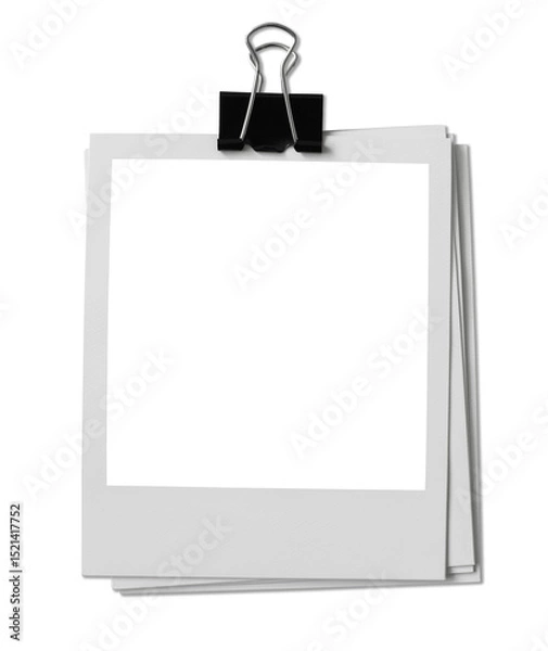 Fototapeta Vintage Polaroid, instant photo frame isolated in transparent PNG, polaroid frame - isolated design element, polaroids with black binder clip.