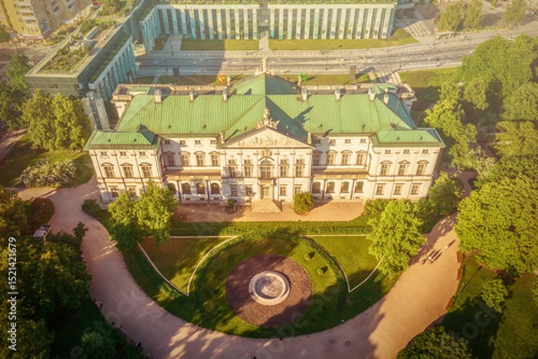 Fototapeta Krasinski Palace and National Library in Warsaw, Poland, view from above with green park