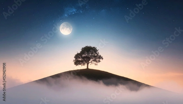 Fototapeta A serene night landscape featuring a lone tree on a gently sloping grassy hill, bathed in soft moonlight.  A peaceful and atmospheric minimalistic nature scene, evoking calm and solitude