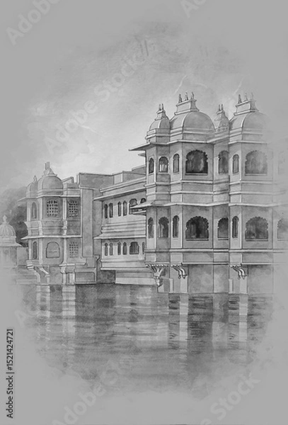 Obraz City place udaipur Heritage building,  Gangaur Ghat in Udaipur in India, sketch, Vintage paint, print