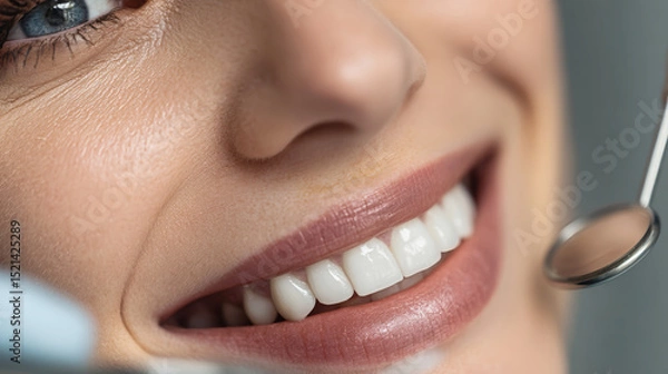 Obraz Woman smiles in dentist office while dental instruments are used; close-up shot with a wide-angle perspective