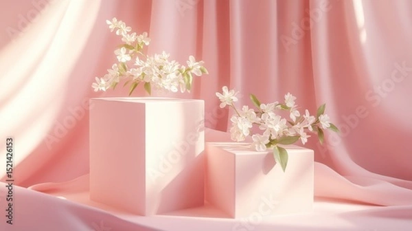 Fototapeta Simple white display podium with a pink wall as the background and a few falling petals, white jasmine branches, romantic lighting, spring theme