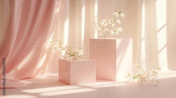 Fototapeta Simple white display podium with a pink wall as the background and a few falling petals, white jasmine branches, romantic lighting, spring theme