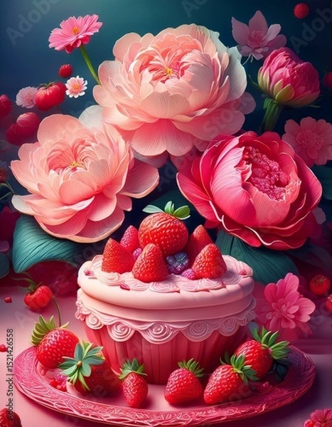 Fototapeta Peonies and Strawberries arranged with a dessert