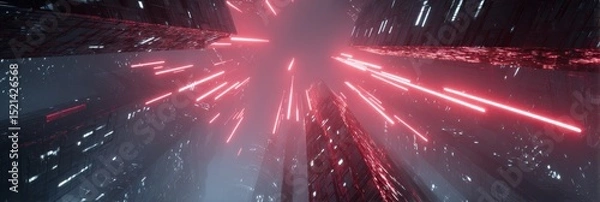 Obraz Neon-infused architectural network with probabilistic lighting nodes and dynamic street maps, cyberpunk cityscape with volumetric fog for tech branding, digital interfaces, and futuristic posters.
