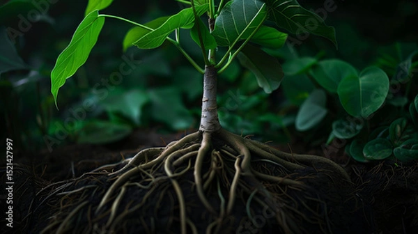 Obraz Young plant with vibrant green leaves emerges from rich soil, showcasing intricate roots that intertwine with earth, symbolizing growth