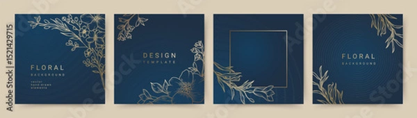 Fototapeta Elegant luxury blue background with hand drawn golden line art floral pattern. Floral frame. Vector templates for wedding invitation, greeting card, packaging, branding, design, social media