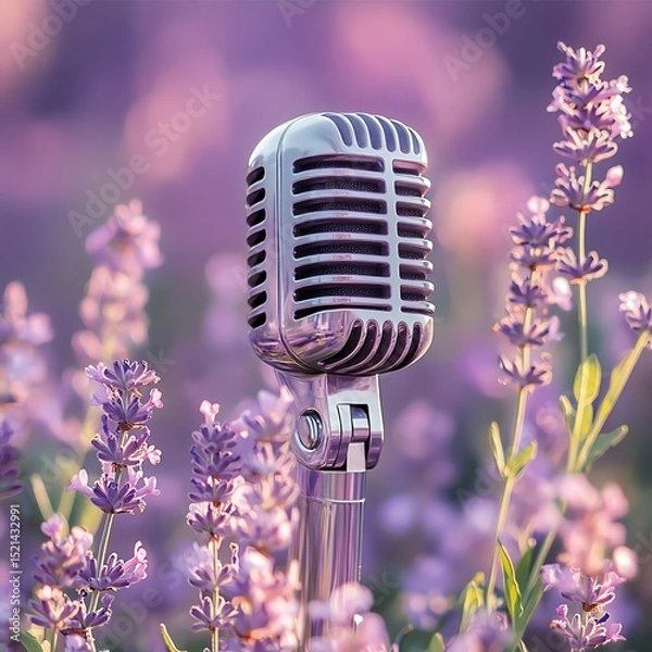 Obraz Lavender Retro Microphone in Blooming Flower Garden  high resolution   for isolate image