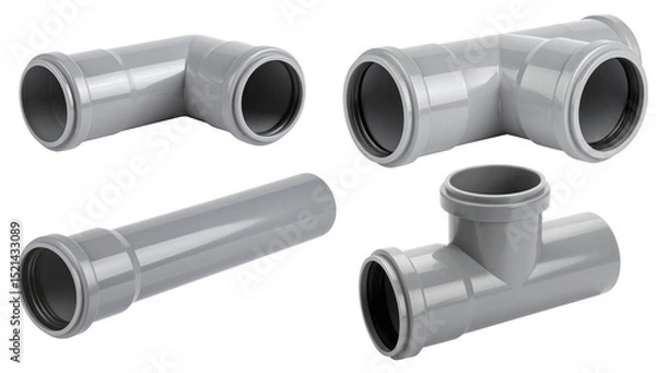 Fototapeta set of grey pipe or plumbing joints in four shapes isolated on white