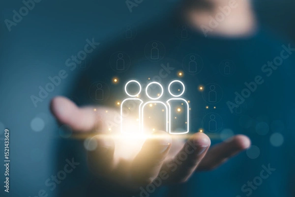 Fototapeta HR, human resource managers select employees using computer digital technology. concept of hiring, recruiting staff, and training in a company. leadership, executive, and employer of business 