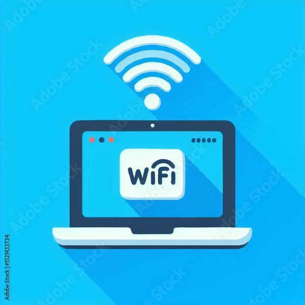 Fototapeta Laptop displaying WiFi symbol on blue background in flat design  