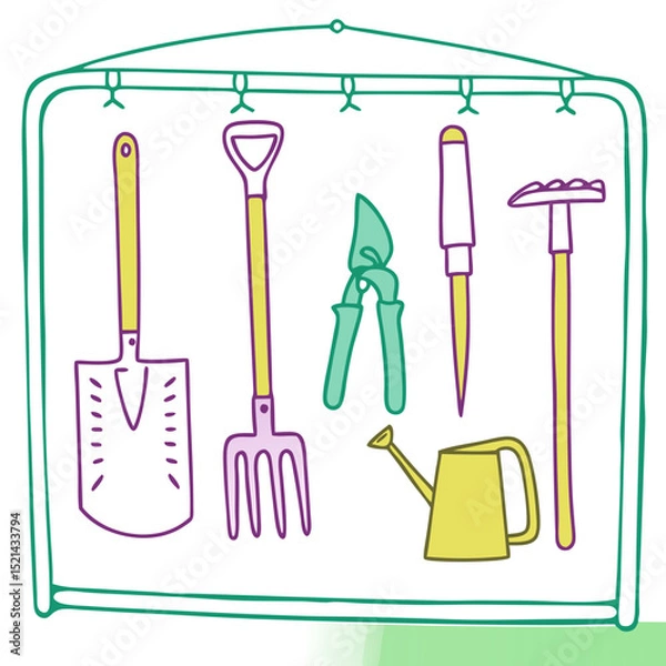 Fototapeta Garden tools displayed in a colorful hanging organizer  