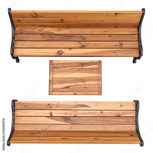Fototapeta top view of set of outdoor wooden bench with table isolated on white