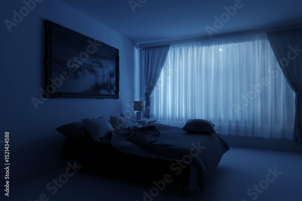 Fototapeta Bedroom with cosy bed and crumpled duvet beside a large window, bathed in soft moonlight. 3D Rendering