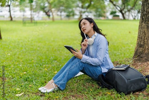 Fototapeta Female college student sitting under a tree in a park, using a tablet, holding a pen and wearing headphones around her neck, thinking about a project