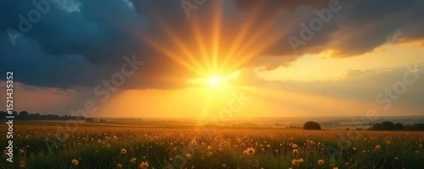 Obraz A sunbeam breaks through dark clouds, illuminating a bright, hopeful landscape Golden rays of sunlight pierce the sky, signifying the arrival of a new day and the promise of warmth , sun rays, dawn