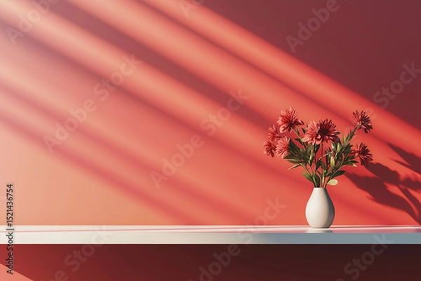 Fototapeta Red wall with a shelf and flowers on a table