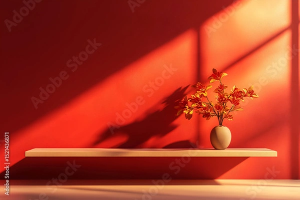 Fototapeta Red wall with a shelf and flowers on a table