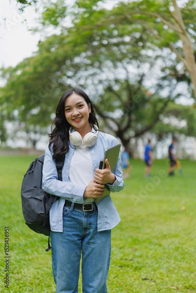 Fototapeta Portrait of a smiling asian female student holding tablet and laptop while standing in university park with her backpack and headphones, enjoying campus life and educational opportunities