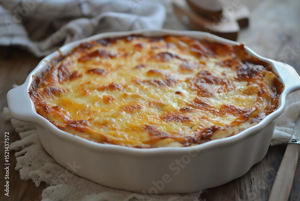 Fototapeta A golden-baked chicken enchiladas casserole with melted cheese and red sauce, served in a white dish on a rustic table